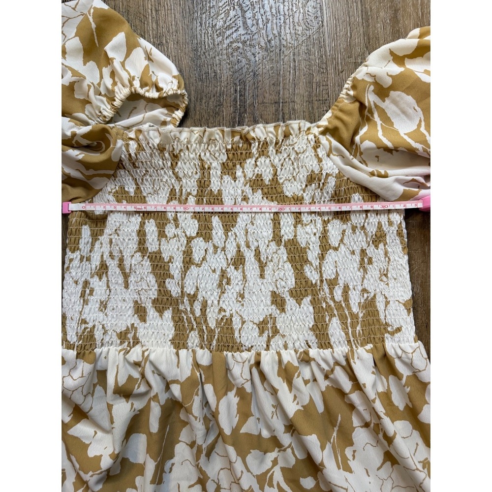 Mango MNG Floral Smocked Puff Sleeve Mini Dress Mustard Yellow White Size S - Picture 3 of 7